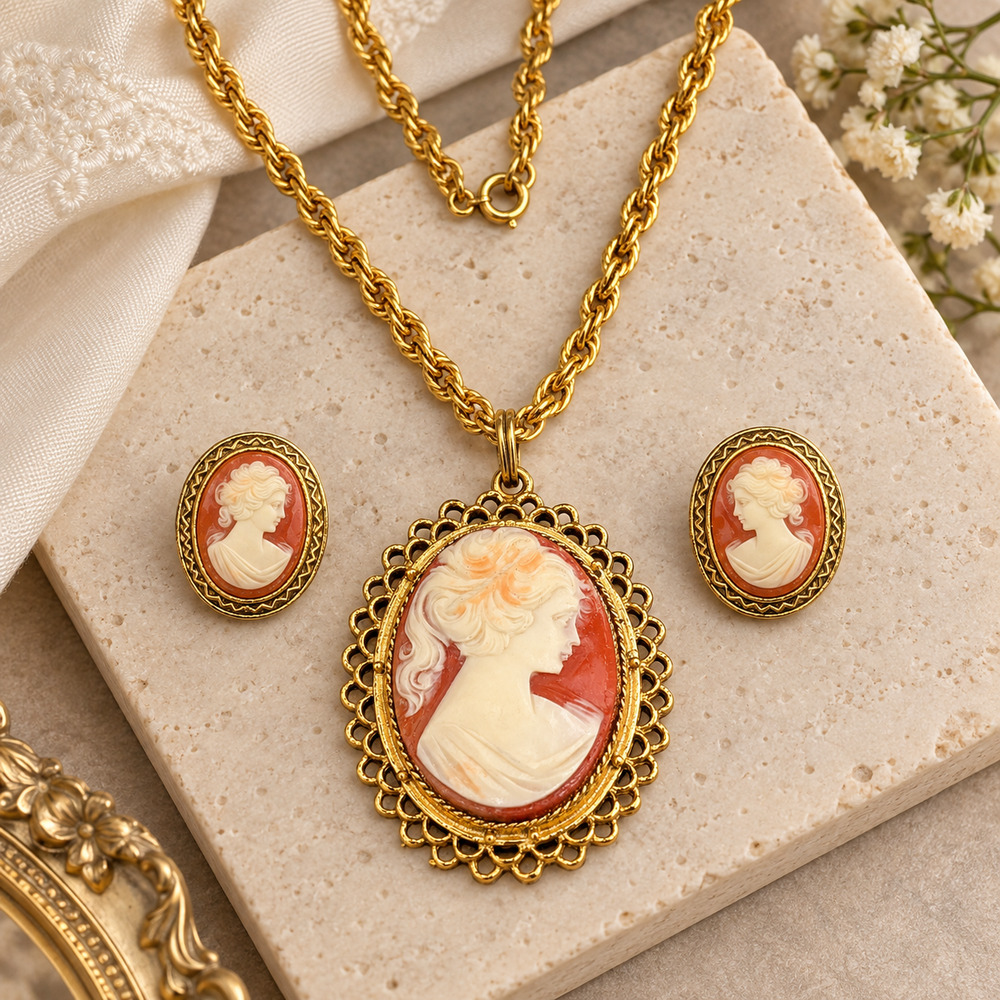 Vintage Cameo Necklace & Clip On Earrings Set Gold Tone 30" Statement